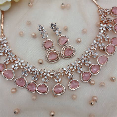 Beautiful Rose Gold And Pink Stone American Diamond Cz Necklace And