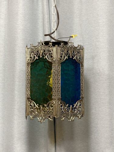 Vintage Gothic Regency Stained Glass Hanging Lantern Light Medieval Mcm Ceiling Fixtures