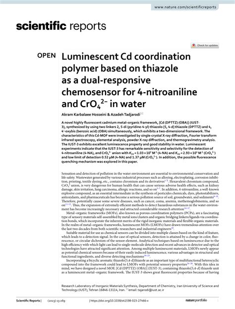 PDF Luminescent Cd Coordination Polymer Based On Thiazole As A Dual