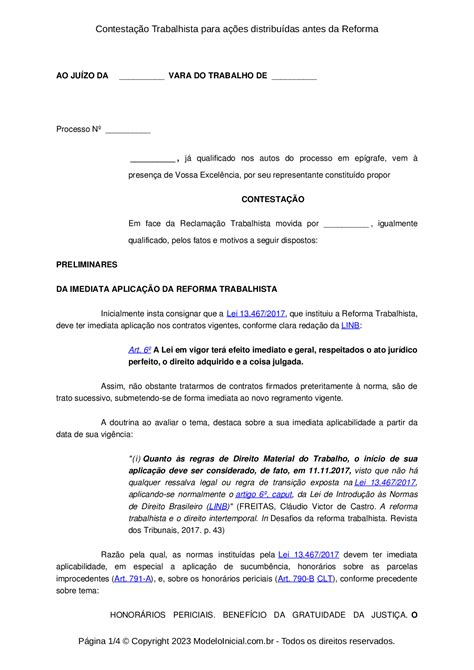 Modelo Contestação Trabalhista Para Ações Distribuídas Antes Da Reforma