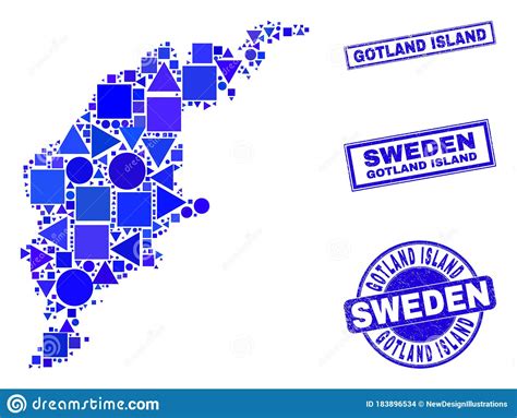 Blue Geometric Mosaic Gotland Island Map And Seals Stock Vector