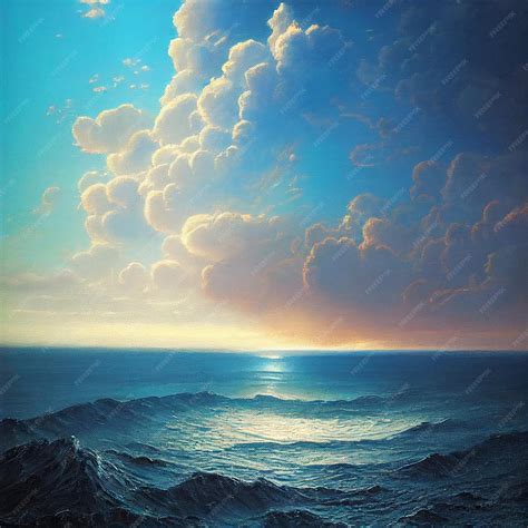 Premium AI Image | A painting of a sea with clouds and the sun shining ...