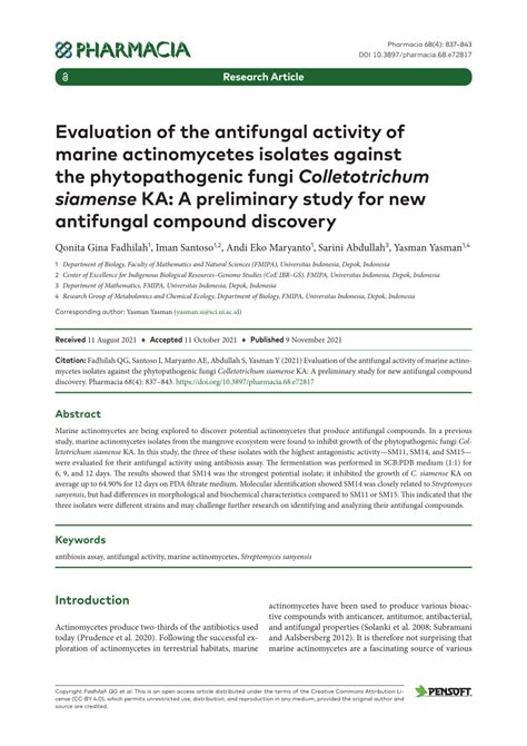 PDF Evaluation Of The Antifungal Activity Of Marine Actinomycetes