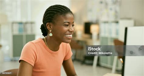 Black Woman Computer And Happy For Office Job Employee And Working For Copywriter Career