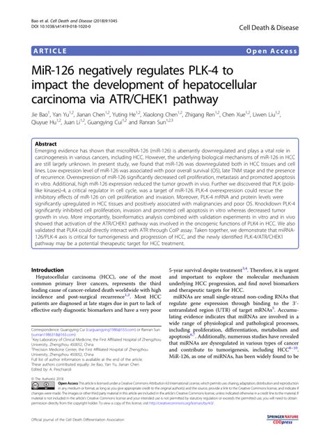 PDF MiR 126 Negatively Regulates PLK 4 To Impact The Development Of