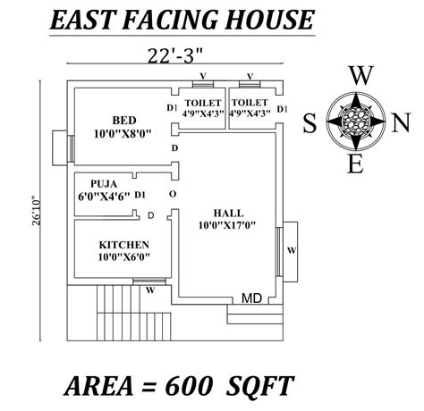 Autocad Drawing Details Of X Single Bhk East Facing House Plan As