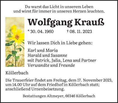 Traueranzeigen Von Wolfgang Krau Saarbruecker Zeitung Trauer De