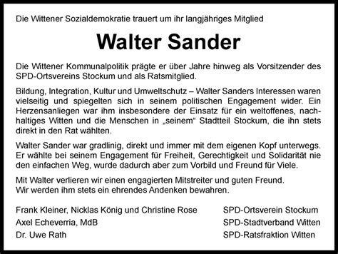 Traueranzeigen Von Walter Sander Trauer In Nrw De