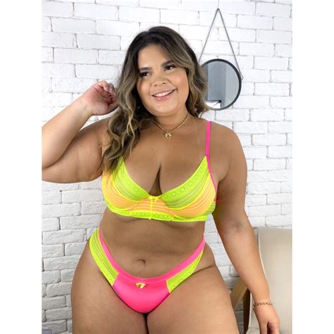 Conjunto Sexy Plus Size Lingerie Neon Bicolor Calcinha E Suti Aro