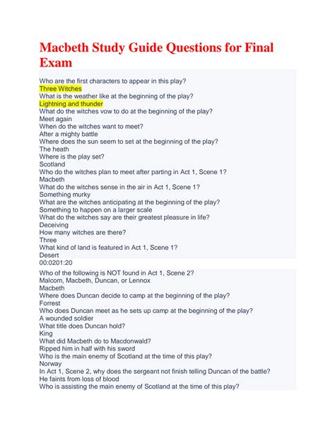 SOLUTION Macbeth Study Guide Questions For Final Exam Studypool