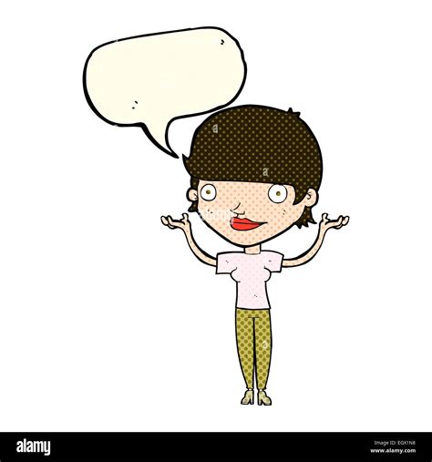 Cartoon Woman Holding Arms In Air With Speech Bubble Stock Vector Image And Art Alamy