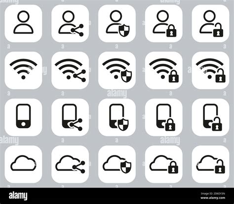 Protección de datos y seguridad de datos iconos Blanco y negro plano