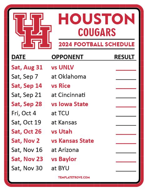 Printable 2024 Houston Cougars Football Schedule