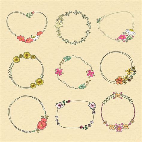 A Set Of Nine Hand Drawn Flowers And Wreaths In Various Shapes Sizes