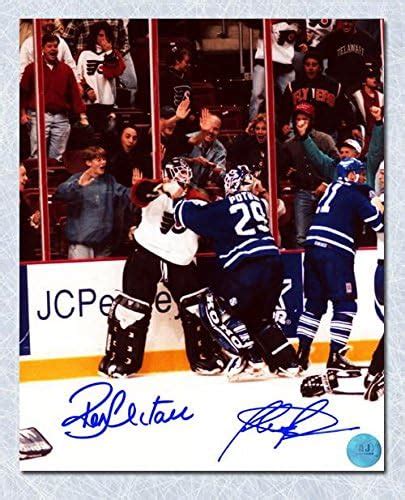 Felix Potvin And Ron Hextall Dual Signed Leafs Flyers Goalie Fight 8x10