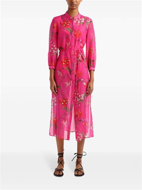 ERDEM Floral Print Belted Midi Dress Pink FARFETCH