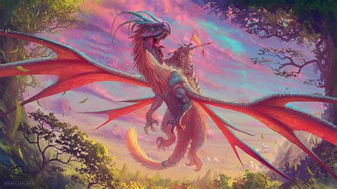 Fantasía dragón rojo y azul volando por encima de ensueño Fondo de