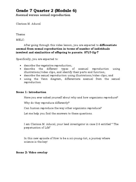 Grade 7 Quarter 2 Module 6 Asexual Versus Sexual Reproduction Pdf