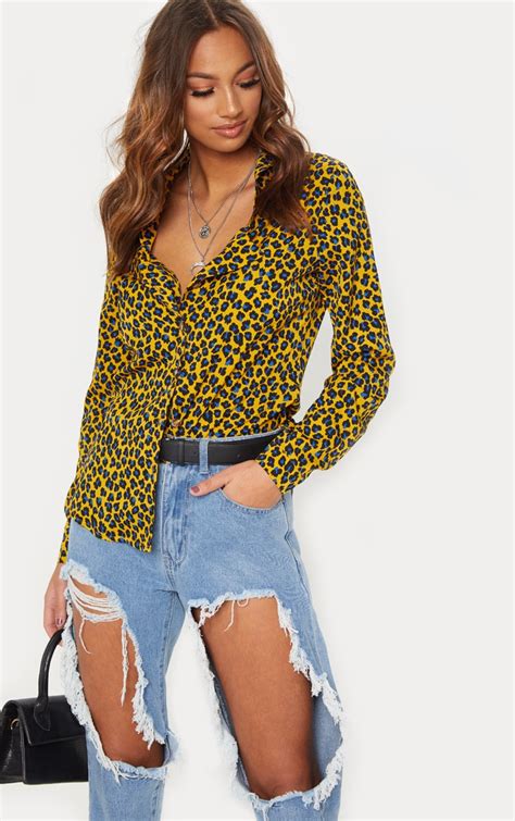 Yellow Leopard Print Satin Shirt Tops Prettylittlething