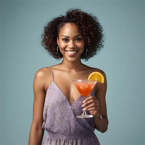 Premium Photo Smiling Black Woman Standing Sipping A Cocktail Glass