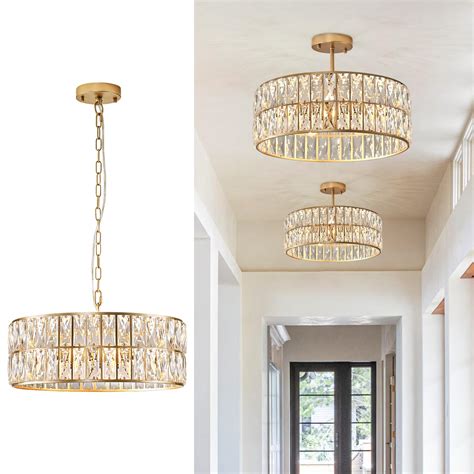 Modern Crystal Chandelier For Dining Room Gold Semi Flush Mount Ceiling