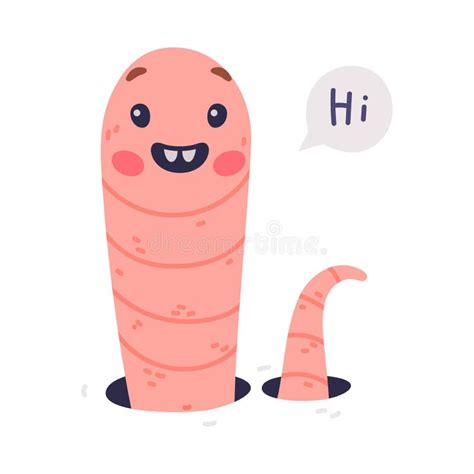 Funny Pink Worm Character With Long Tube Body Peeking From Hole Saying