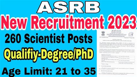 ASRB Recruitment 2023 260 Scientist Posts Through ARS Exam YouTube