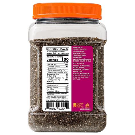 Betterbody Foods Organic Chia Seeds Lb Container Phoenicis Food