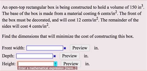 Solved An Open Top Rectangular Box Is Being Constructed To Hold A