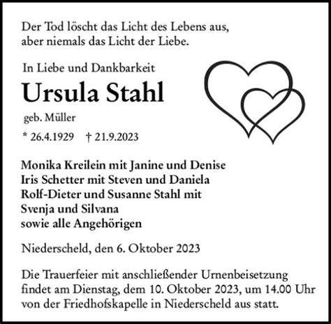 Traueranzeigen Von Ursula Stahl Vrm Trauer De