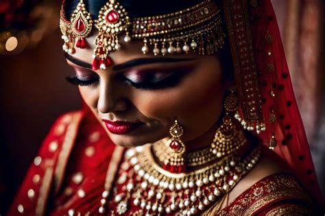 Premium Photo A Woman In A Traditional Bridal Costume Is Wearing A Red And Gold Bridal Veil