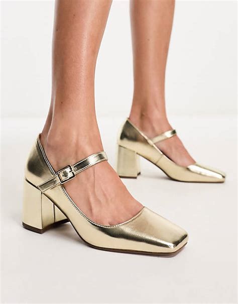 Asos Design Selene Mary Jane Mid Heeled Shoes In Gold Asos