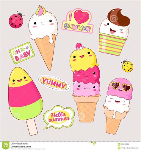 Sistema De Etiquetas Engomadas Lindas Del Helado En Estilo Del Kawaii