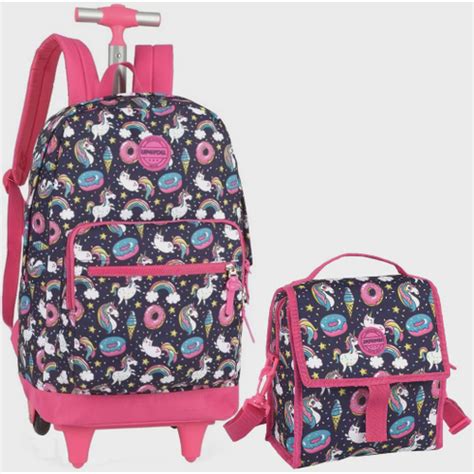 Kit Mochila Bolsa Infantil Unicórnio Rodinha Feminina Juvenil Escolar