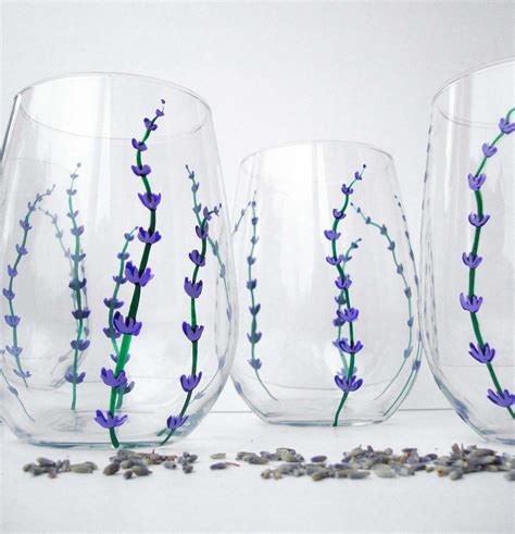 Lavender Flower Stemless Wine Glasses Set Of 4 Hand Painted Stemless