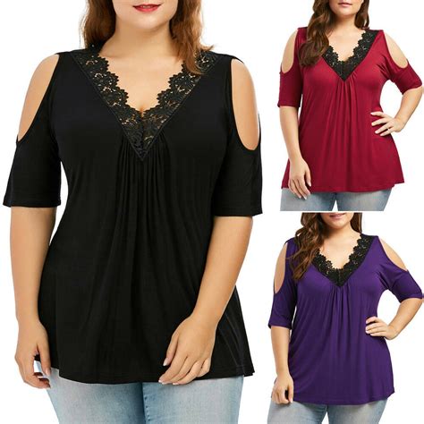 Plus Size Women Lace V Neck Short Sleeve Casual Loose Tops Blouse T