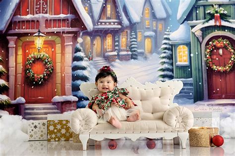 Snowy Winter Christmas Cottage Door Backdrop for Photography