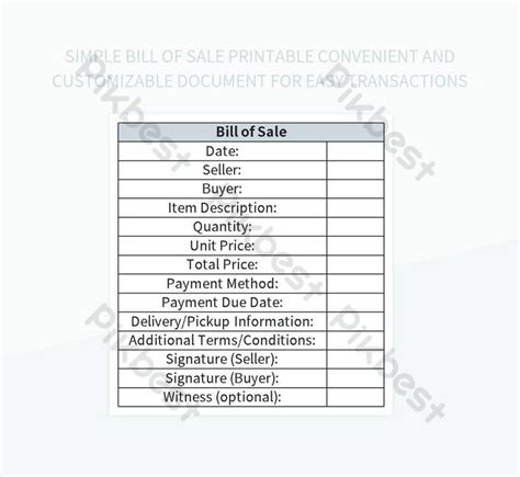 Simple Bill Of Sale Printable Convenient And Customizable Document For Easy Transactions Excel