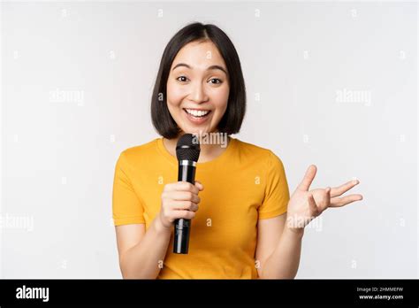 Image Of Young Asian Woman Talking In Microphone Perfom With Mic