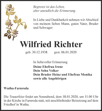 Traueranzeigen Von Wilfried Richter Trauer In Thueringen De