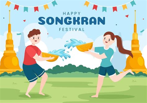 Happy Songkran Festival Day Hand Drawn Cartoon Illustration Playing