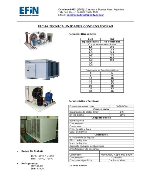Ficha Técnica De Unidades Condensadoras De La Empresa Condarco Con