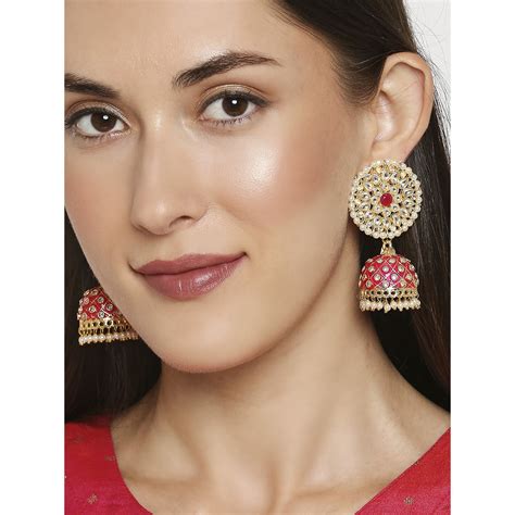 Oomph Pink Meenakari Enamel With Kundan Pearls Ethnic Large Jhumka