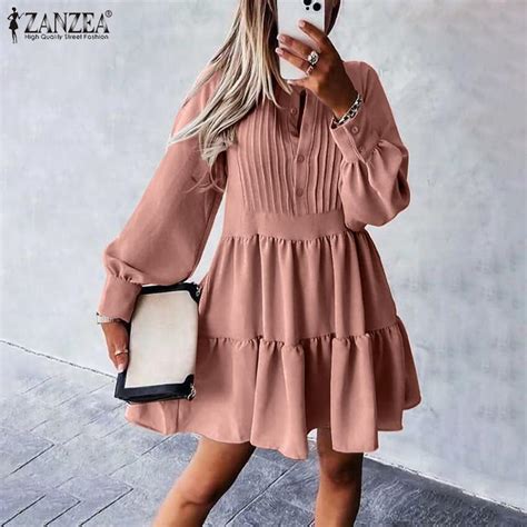 Buy Zanzea Women Knee Length Dress Summer Casual O Neck Long Sleeve