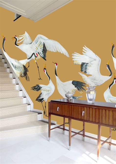 Mural Kraanvogels Okergeel Japanese Crane Dance Catchii