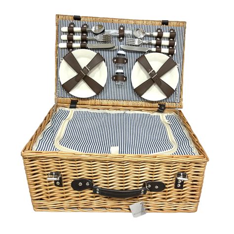 Hand Woven Natural Willow Camping Hamper 4 Person Set Wicker Picnic