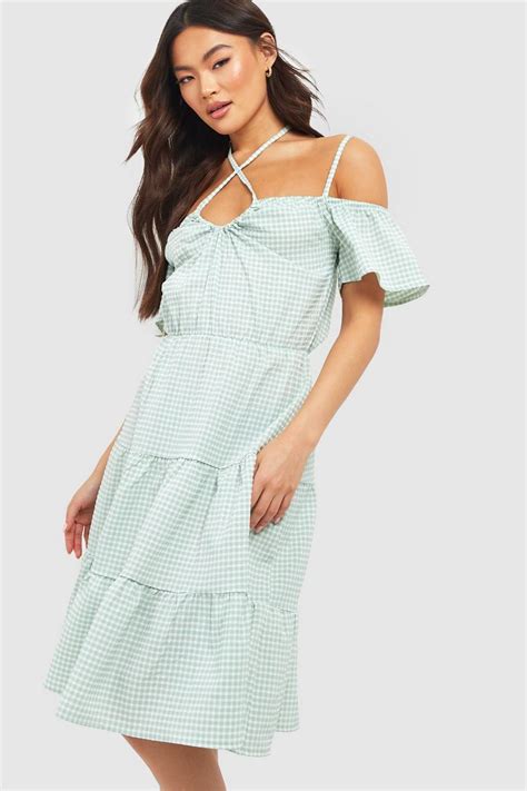 Textured Gingham Tiered Midi Dress Boohoo Uk