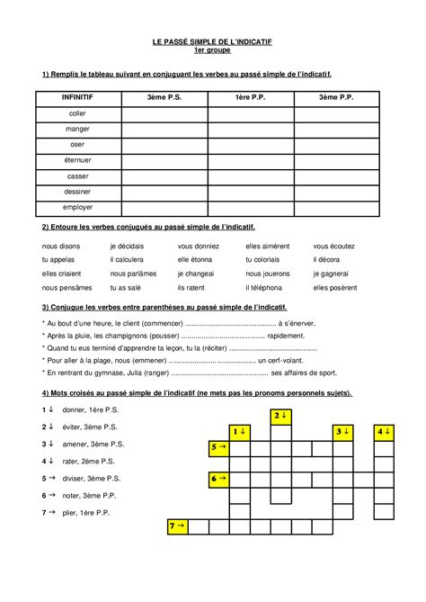 Le Passé Simple Le 1er Groupe Exercices Alloschool