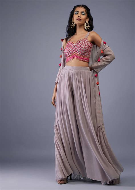 Buy Pink Georgette Crop Top And Palazzo Set With Mirror Embroidery