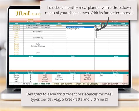 Weekly Meal Planner Excel Spreadsheet Template With Editable Snacks Recipes And Printable Grocery